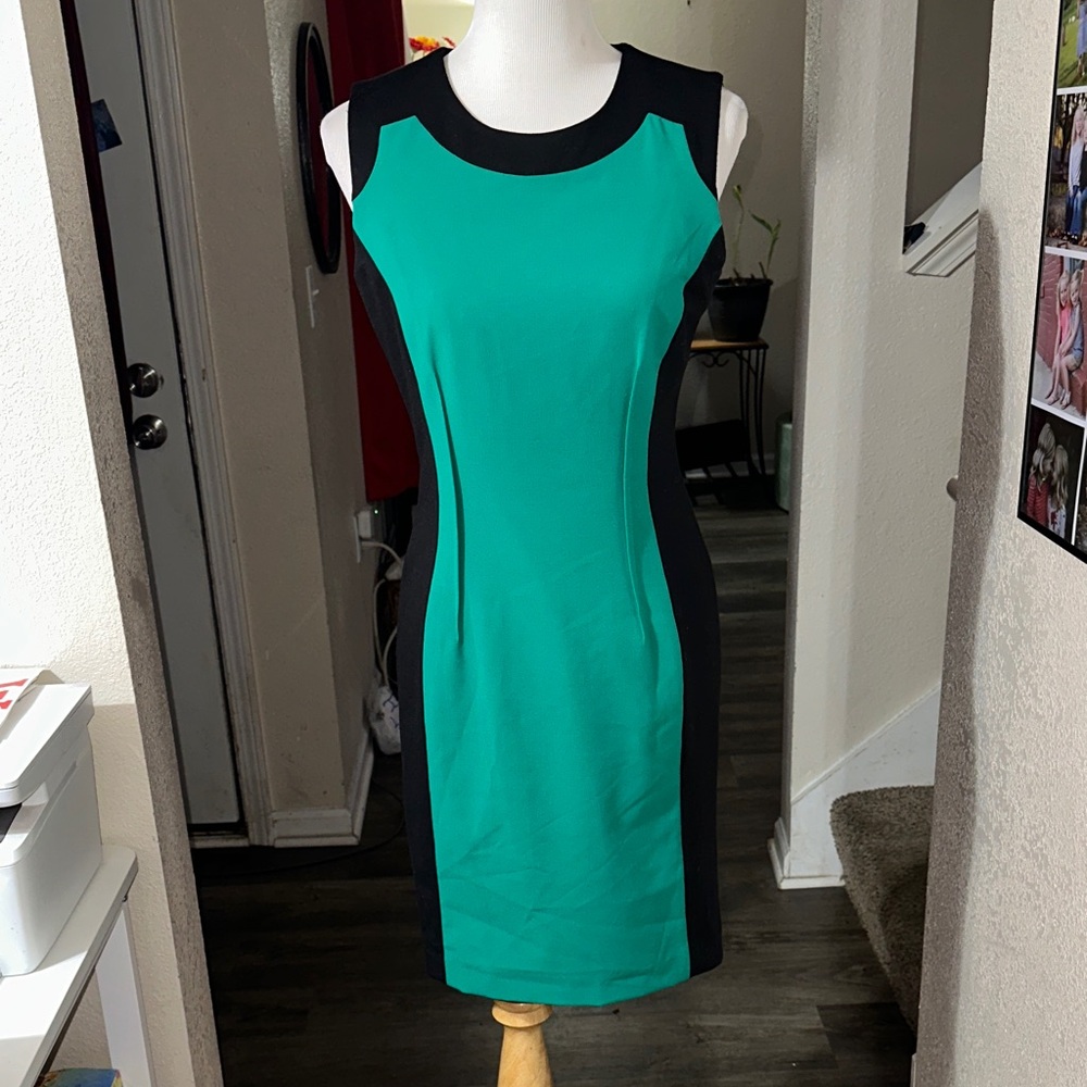 Calvin Klein Teal and Black Sleeveless Sheath Midi Dress